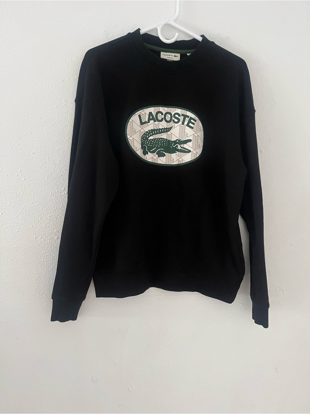 Lacoste Black Crewneck Sweatshirt with Green Logo Patch